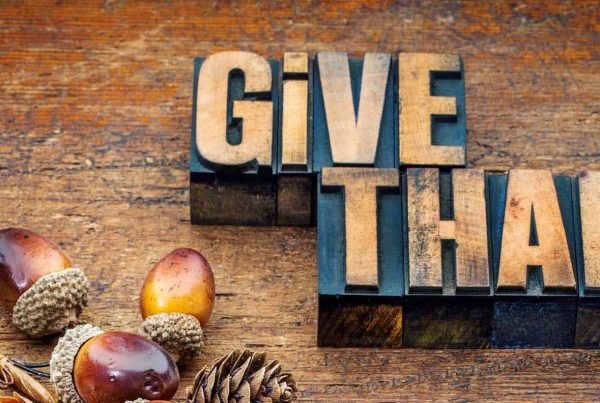 give thanks - Thanksgiving concept - text in letterpress wood type printing blocks with cone, acorn, leaf and berries fall decoration